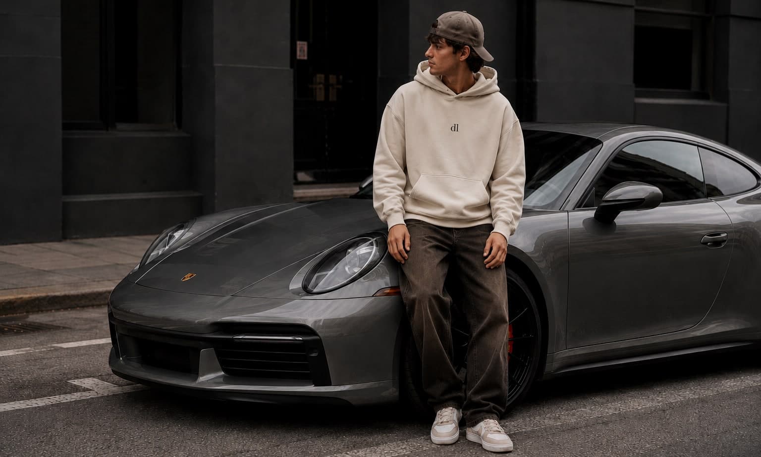 Modelo con la sudadera no. 1 en la calle, apoyado en un coche